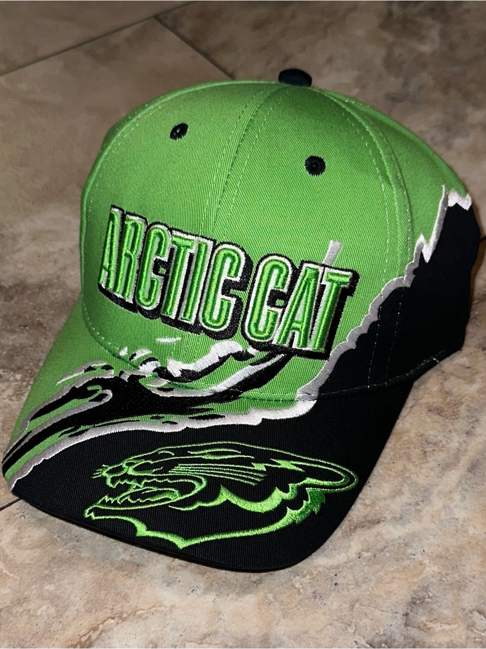 Vintage Arctic Cat Arcticwear Green Black Graphic Embroidered Strapback Hat Cap